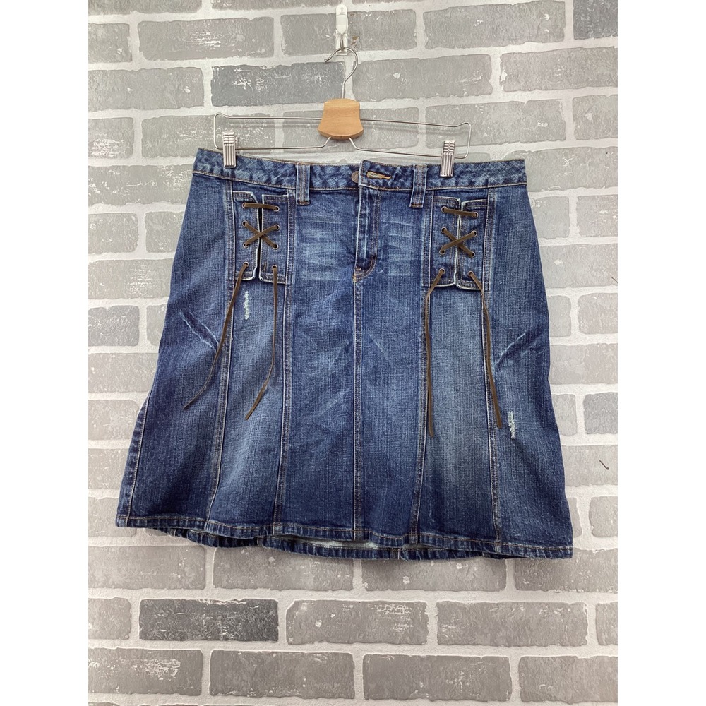 Apt. 9 Y2K Stretch Denim Lace Up Front A-Line Skirt Medium Wash Blue Size 16